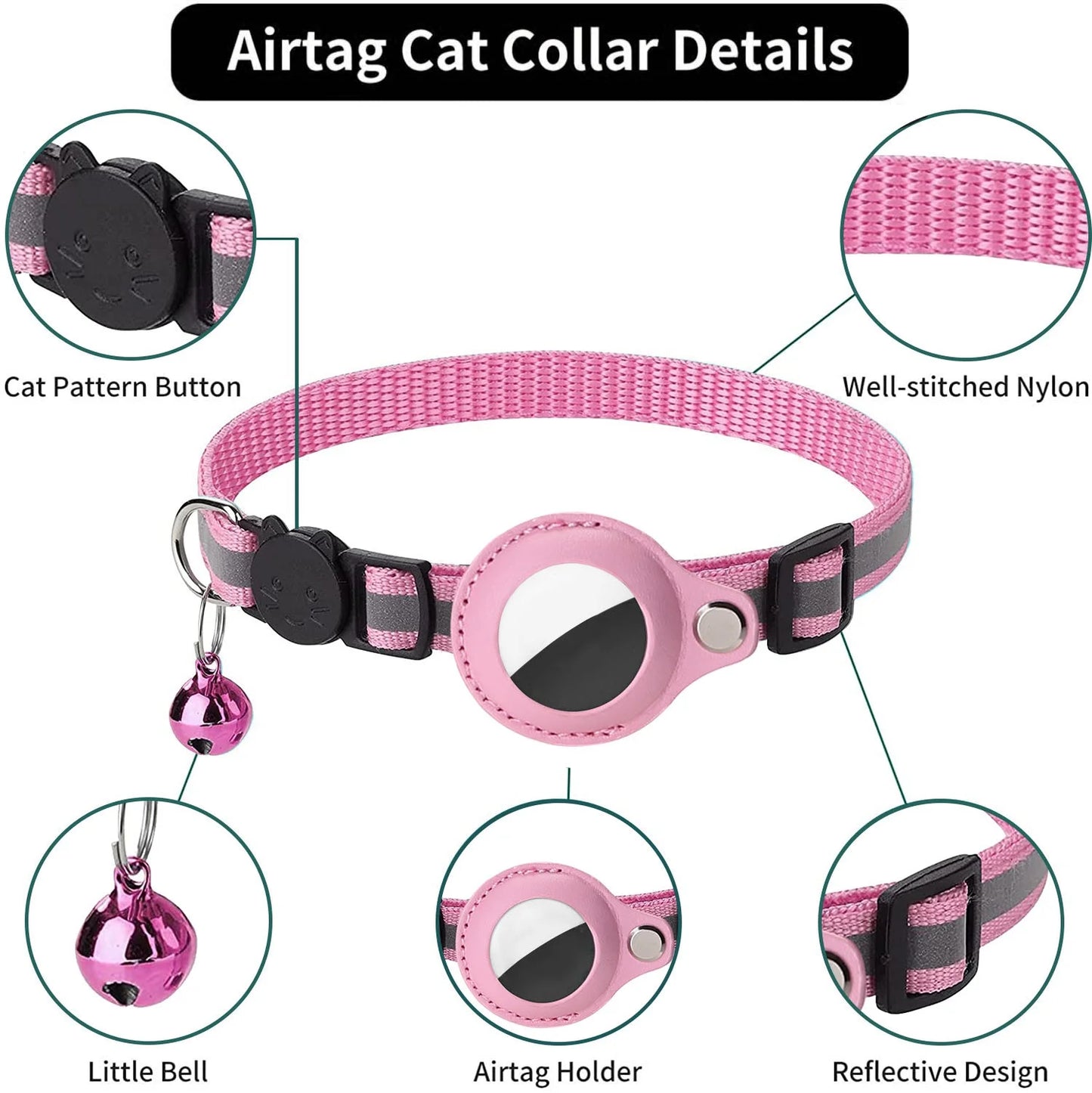 Airtag Cat Collar Breakaway, Reflective Kitten Collar with Apple Air Tag Holder and Bell for Girl Boy Cats, 0.4 Inches in Width and Lightweight